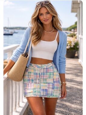 Purple Poppy 100% cotton pastel plaid madras style skirt